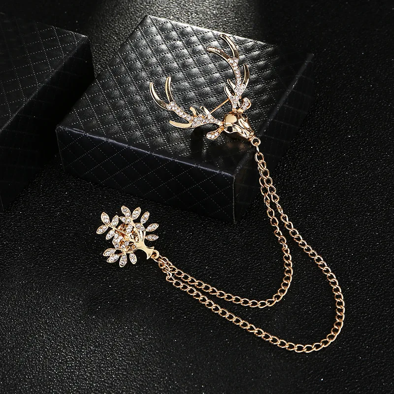 Tassel Small Deer Brooches with Chain Jewelry Luxury Lapel Pins Men's Women's Suits Shirt Collar Button Brooch Pin Accessories |