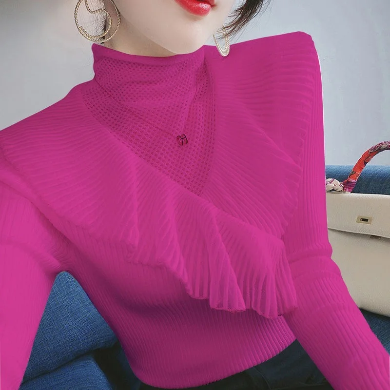 

Mesh hollow lace piled turtleneck sweater bottoming shirt autumn and winter 2021 new women's western style inner knit sweater