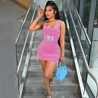 lace up dress letter printed sleeveless bodycon sexy summer drawstring sundress women clothes 2021 vacation verano party dresses