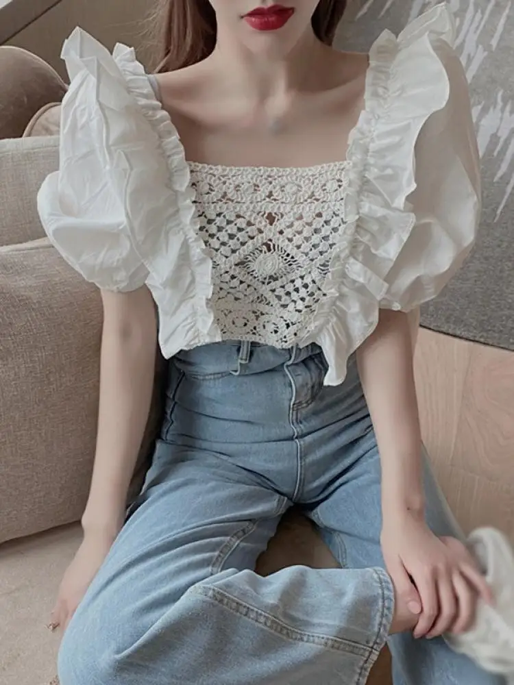 

EFINNY Casual Bubble Sleeve Female Summer Hollow Out Small Shirt Short Style Female Short-Sleeve Lace Blouse Tops