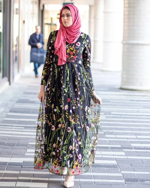 Black Floral Dress Мусульманское платье-Кафтан abaya Дубай цветочные кружева вышитые халат элегантные скромные Модные женские исламские турецкие платья с длинными рукавами - Цвет: Black Floral Dress
