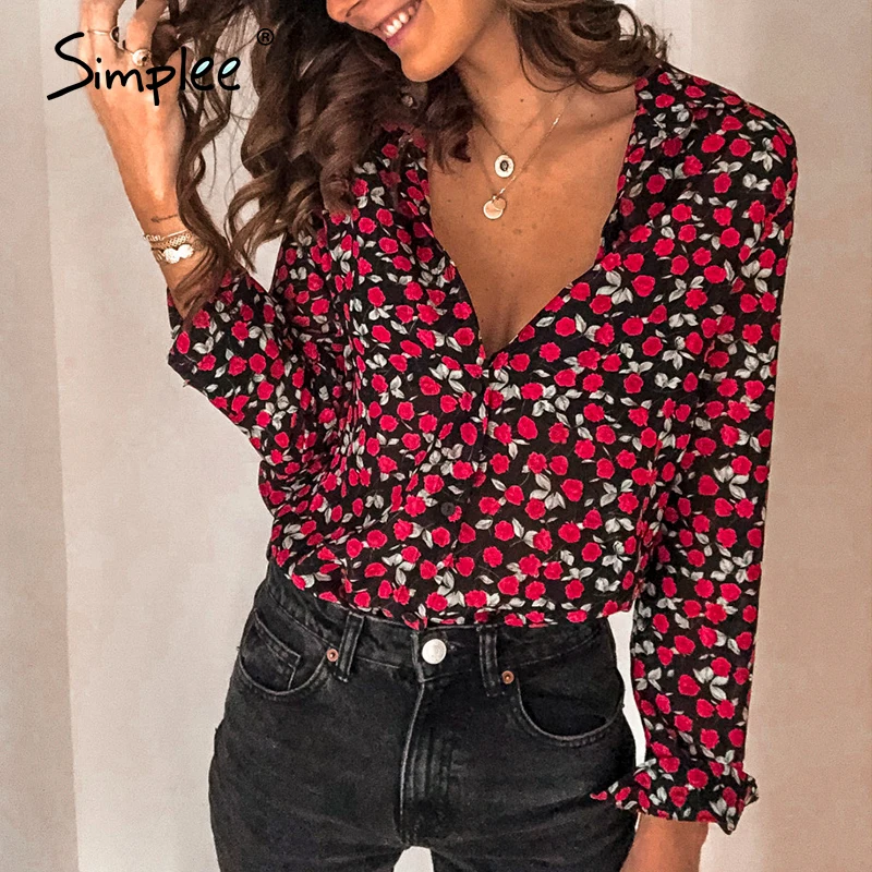 Simplee Floral print women blouse shirt Vintage long sleeve female top Streetwear v-neck plus size office ladies | Женская одежда