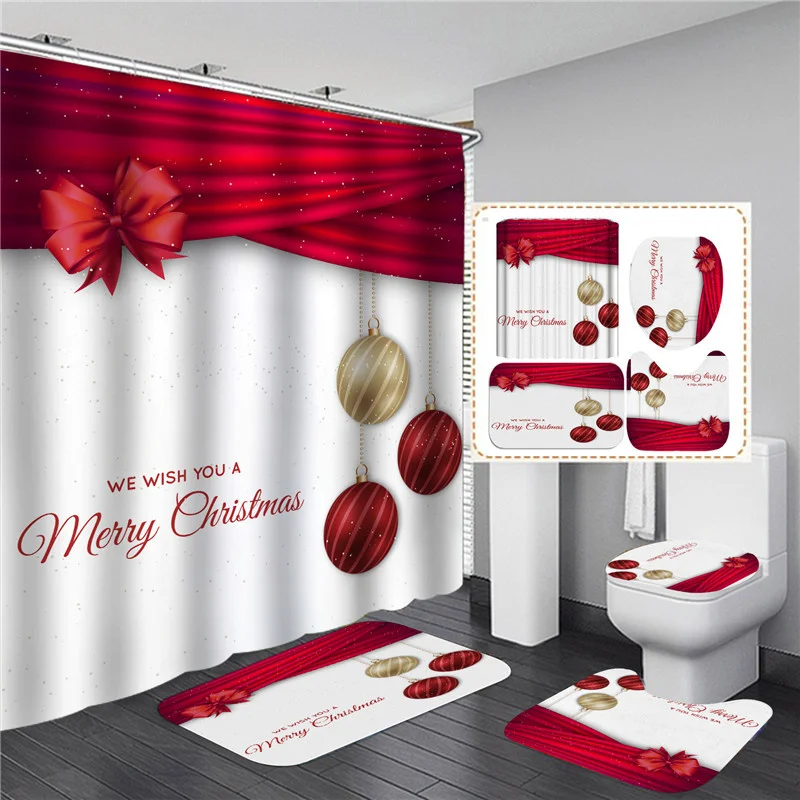 

Christmas Shower Curtain Set Red Bow Knot Carpet Anti-slip Mat Bathroom Bathing Screen Waterproof Toilet Partition Home Decor
