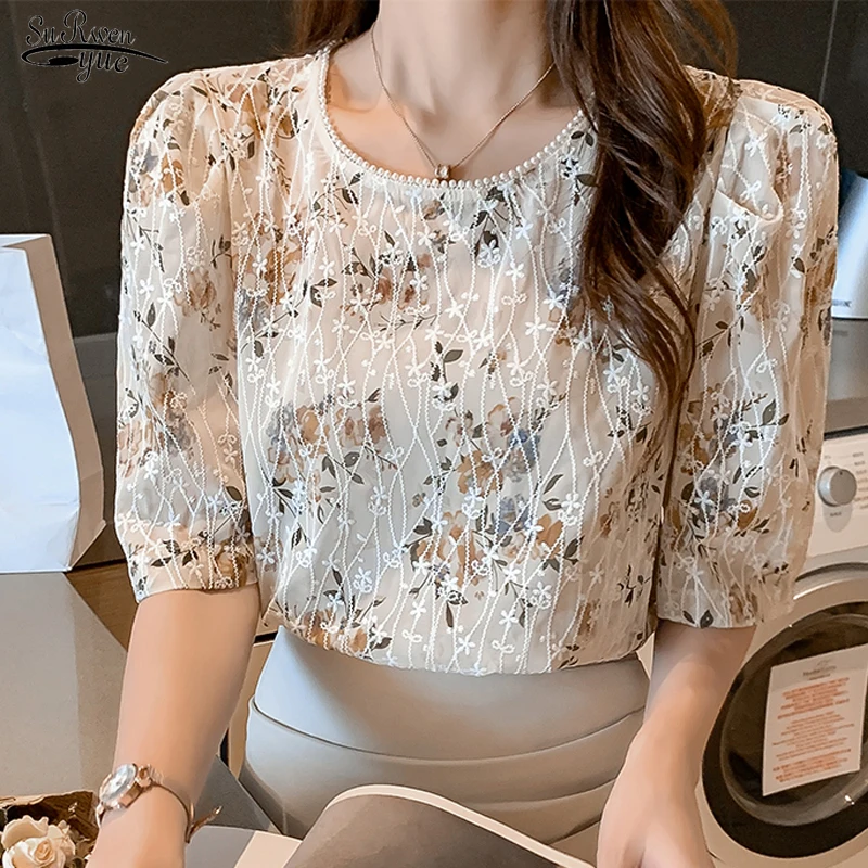 2021 Summer Round Neck Short Sleeve Shirt for Women Office Lady Floral Pullover Women Blouse Chic Chiffon Tops Blusas Mujer 9625