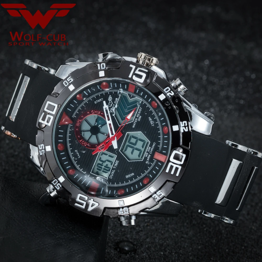 Часы Wolf cub мужские спортивные с двойным дисплеем светодиодный аналоговые