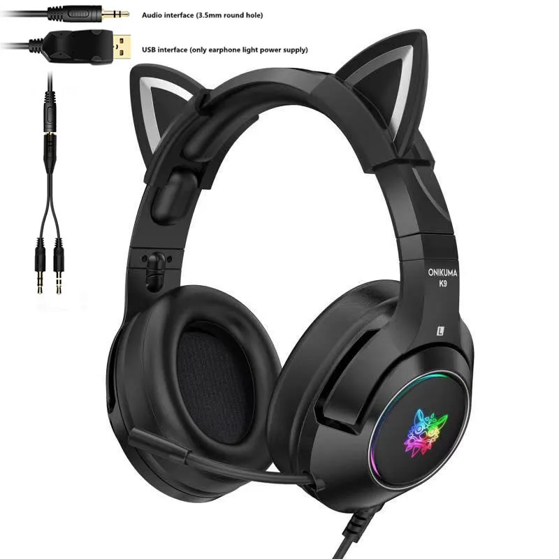 

New K9 black demon version cat ear gaming headphones with mic RGB luminous mobile phone computer noise reduction headset