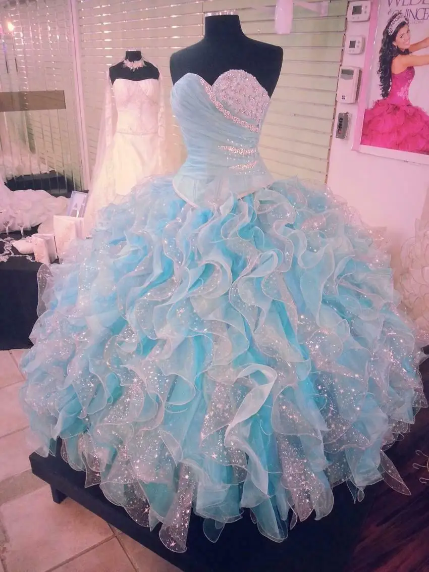 

Sweetheart Neckline Tulle Organza Beading Ruffles Pleated Tiered Ball Gown Custom-Made vestido de 15 anos quinceanera Dresses