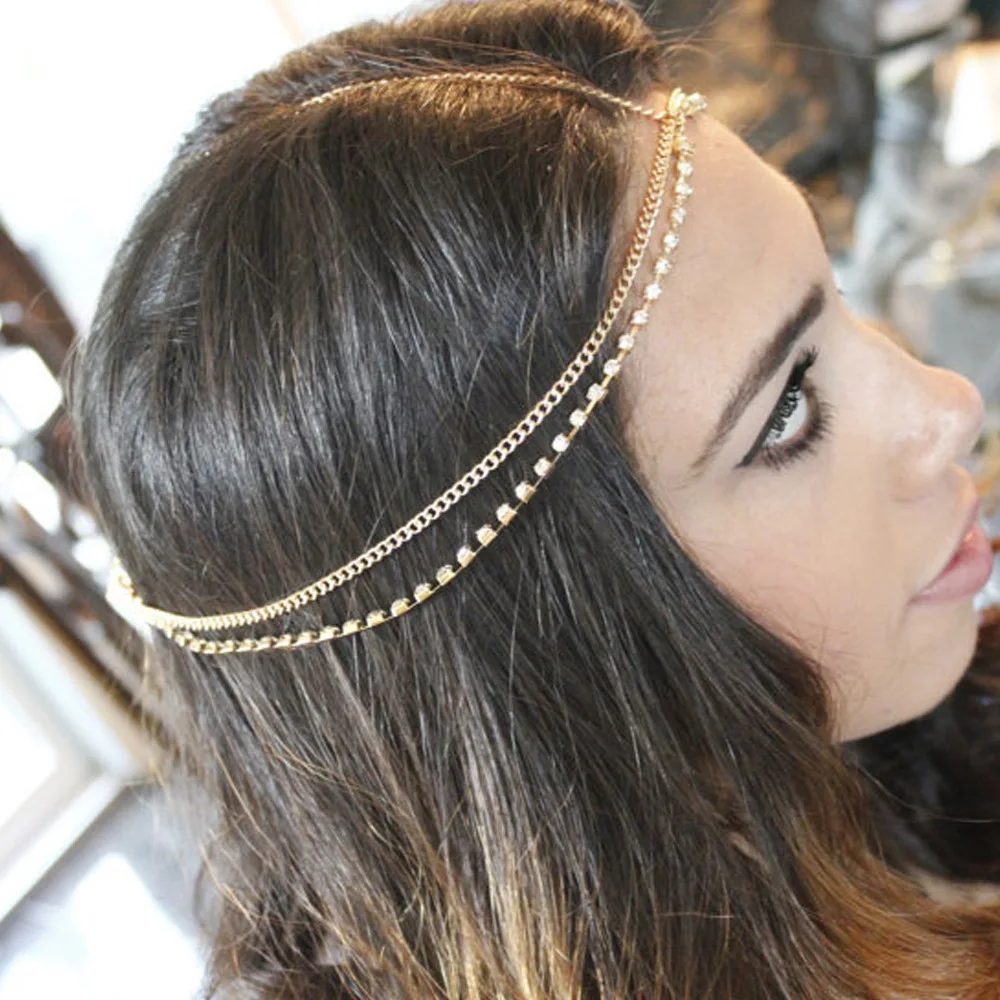 

Fashion Women Lady Head Jewelry 14K Rhinestones Multilayer Boho Head Chain Headband Bridal Wedding Accessories Adjustable Size