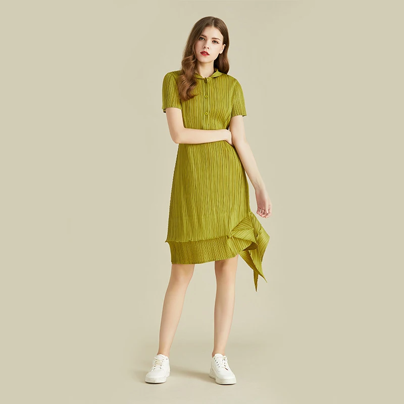 LANMREM зеленое платье с коротким рукавом отворотом плиссированное асимметричное