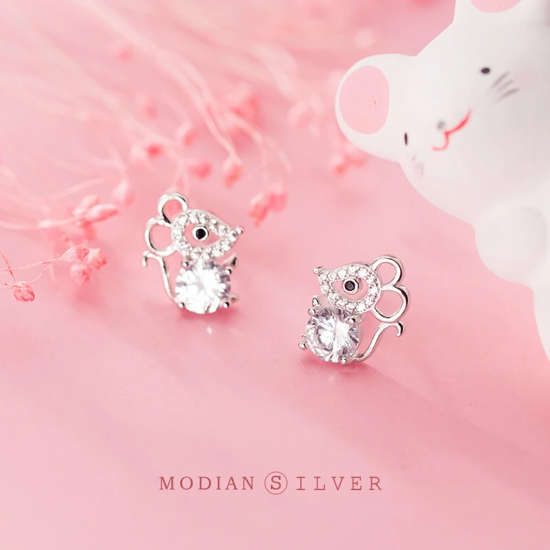 Modian Real 925 Sterling Silver Cubic Zircon Cute Mouse Stud Earrings for Women Fashion Animal Ear Pin Fine Jewelry 2020 New | Украшения и