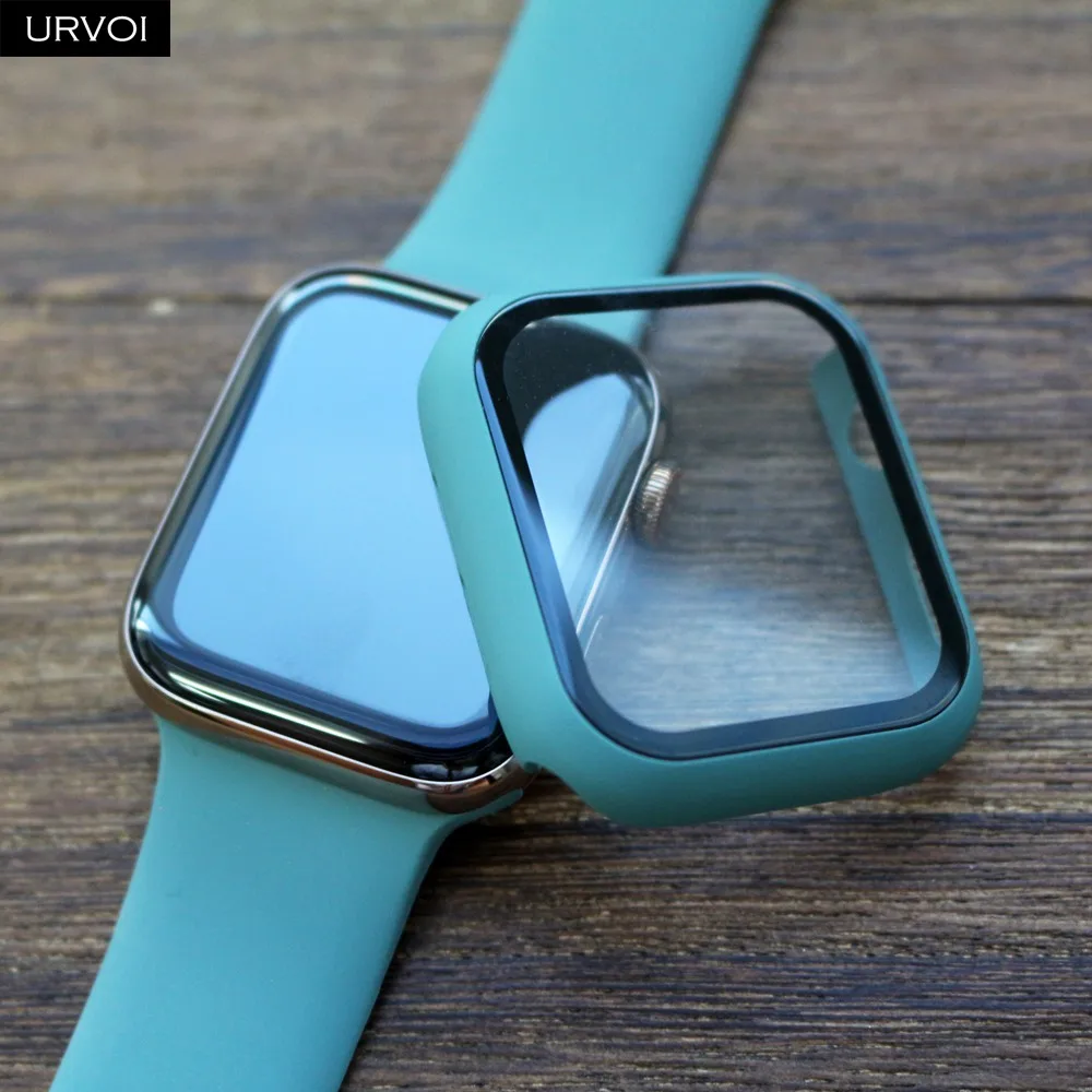 URVOI полное покрытие для Apple Watch series 5 4 3 2 Чехол 40 44 м матовый пластиковый бампер с закаленным стеклом для iWatch Pine Green band