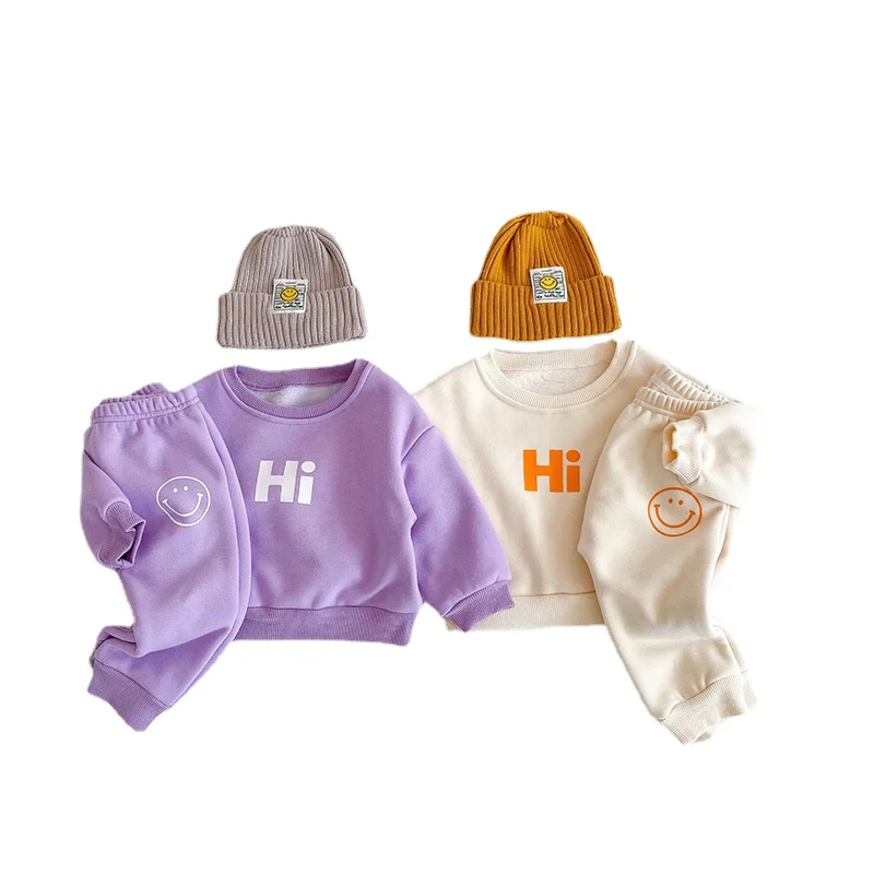 

2021 зимняя детская одежда с меховой подкладкой, костюмы для маленьких девочек, комплект одежды для мальчиков с буквенным принтом