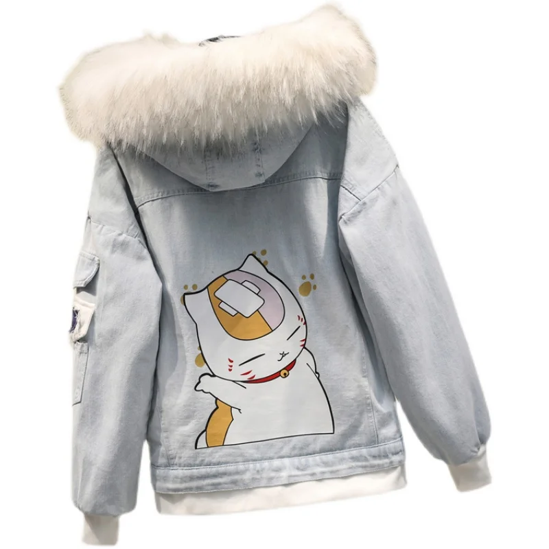 

Winter Hooded Denim Down Jackets Women Big Fur Collar Cartoon Cat Print Jeans Cotton Coat Female Student Thick Warm Outer Wear