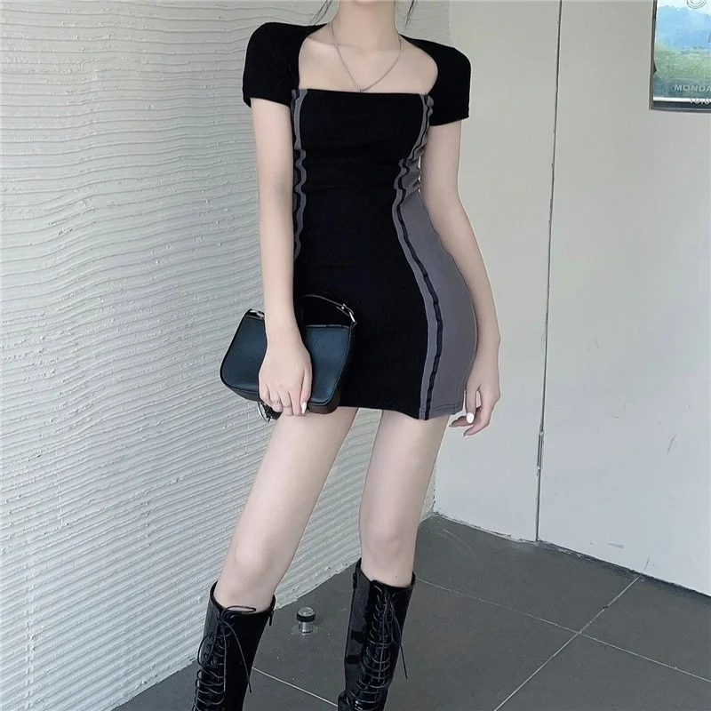 

Kawaii летняя футболка с квадратным воротником мини-платье тонкие облегающие бедра обтягивающие сексуальные базовые узкие корейские женские ...
