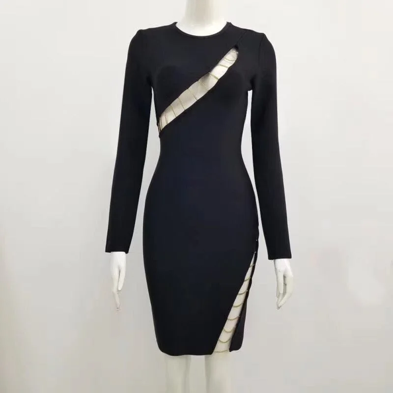 

2020 новые, модные, женские, черные, Круглый воротник Длинные Рукава облегающее Бандажное платье Элегантные Дизайнерские вечерние платья, опт...