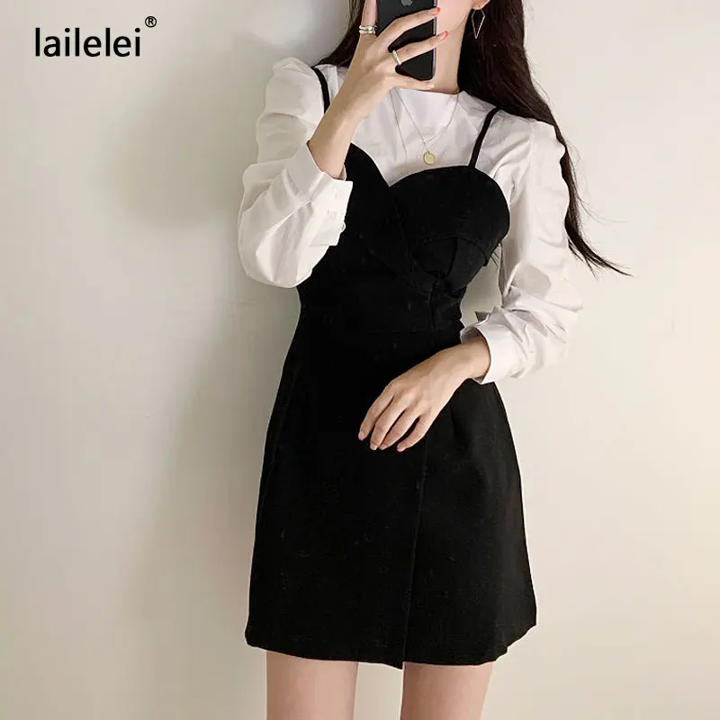 

Two Piece Dress Spaghetti Strap Sexy Mini Winter Sukienki Damskie Chic Party Elegant Black Korean Club Short Harajuku Fall 2020
