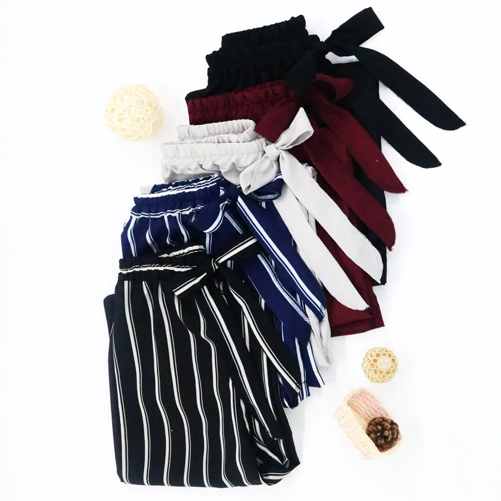 

Fashion Women Ladies Elastic Waist Slim Fit Striped Solid Casual High Waist Lace Up Loose Fashion Wide Leg Pants Autumn