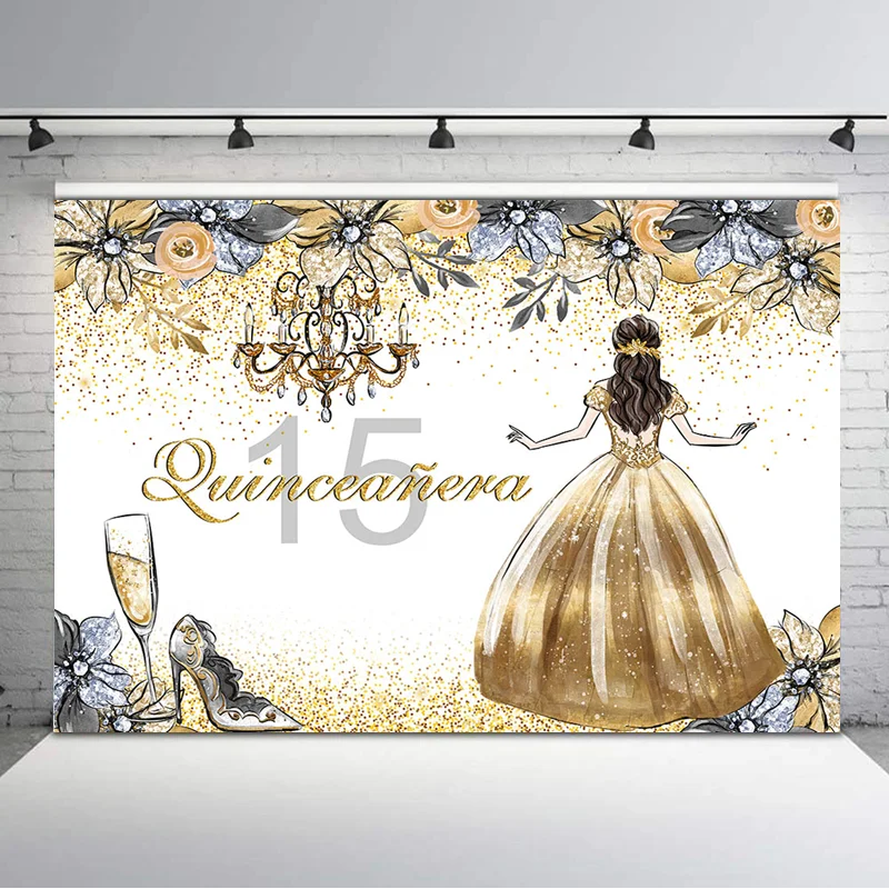 

Quinceañera Princess 15th Birthday Photography Background Golden Dot Flower High Heel Girl Adult Ceremony Photography Backdrops
