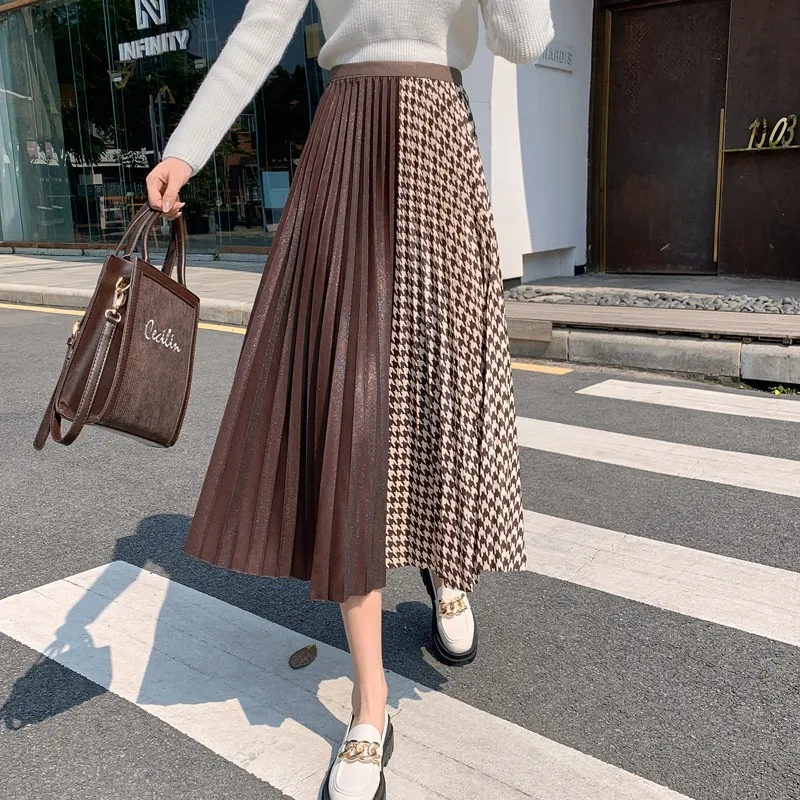 

Women Casual Long Skirts New 2021 Autumn Korean Style Patchwork Color Big Swing High Waist Ladies Elegant A-line Skirt W804