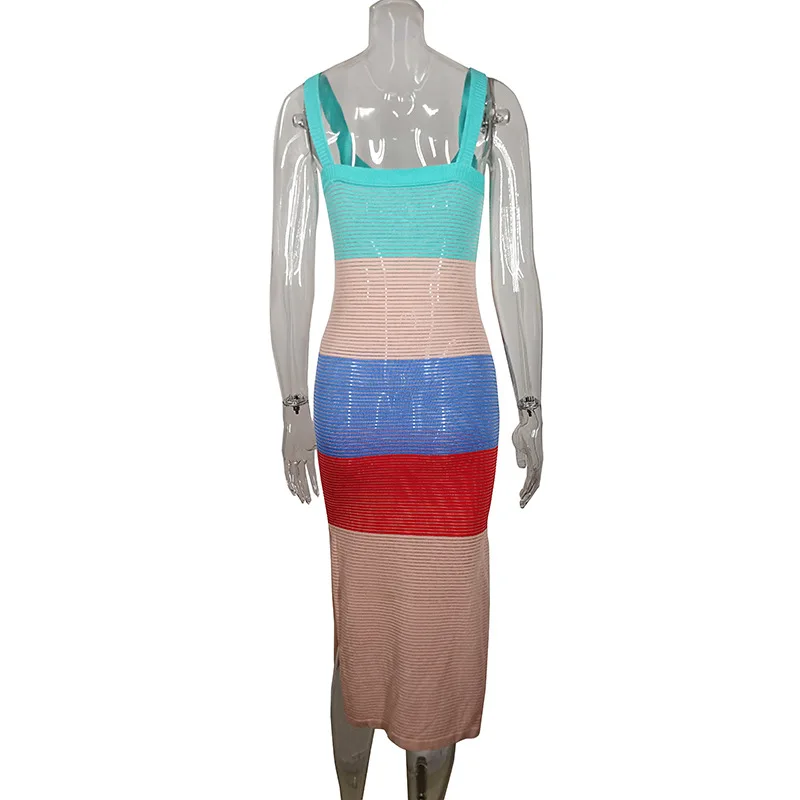 

Cryptographic Striped Knitting Sweater Dresses for Women 2021 Summer Holiday Hollow Out Dresses Elegant Backless Split Dress