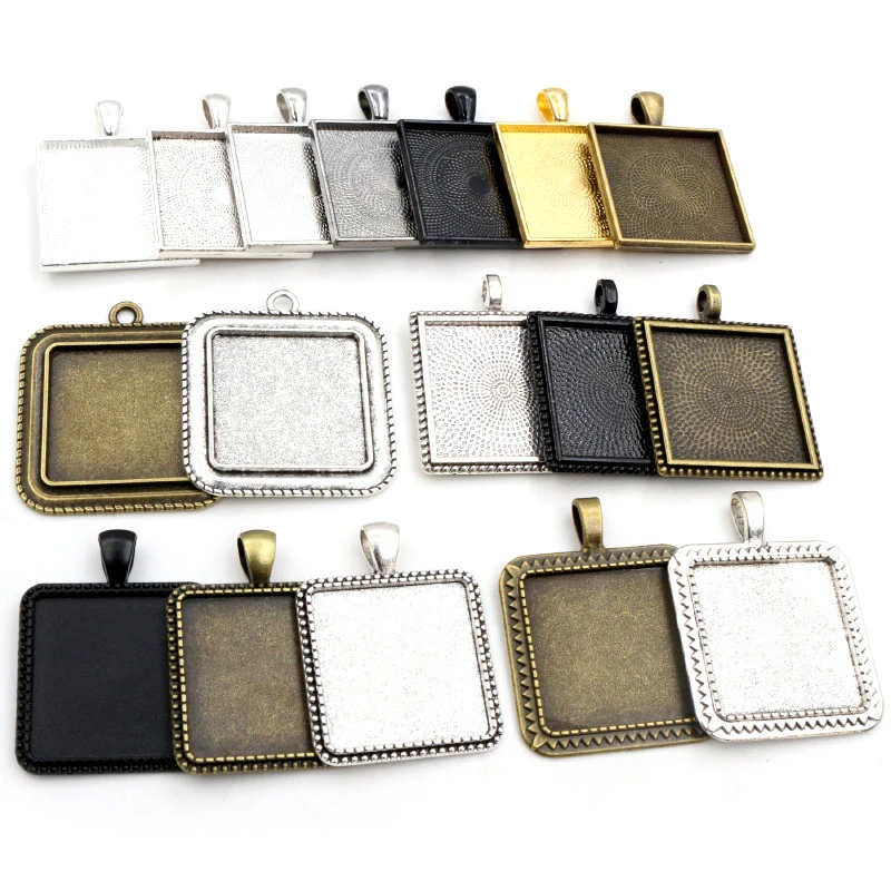 New Fashion 5pcs 25mm Inner Size Antique Silver Plated And Black And Bronze Plated Square Cabochon Base Setting Charms Pendant