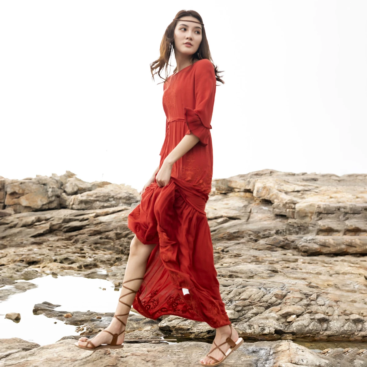 Boho, красное, белое, с вышивкой, макси платье, для женщин, осень, лето, с оборками, элегантные платья,, для девушек, одноцветное, хиппи, Пляжное, длинное платье