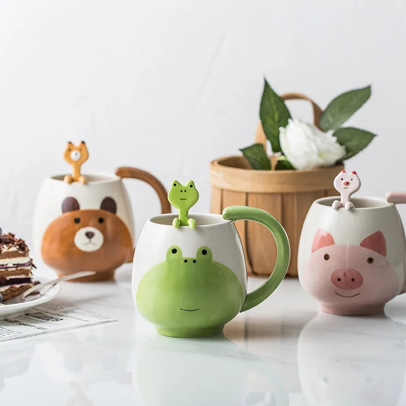 

400ML Ceramic Cartoon Mugs Animal Water Cup Black Cat Piglet with Handle Hanging Spoon Cofee Milk Breakfast Large Capacity Cup