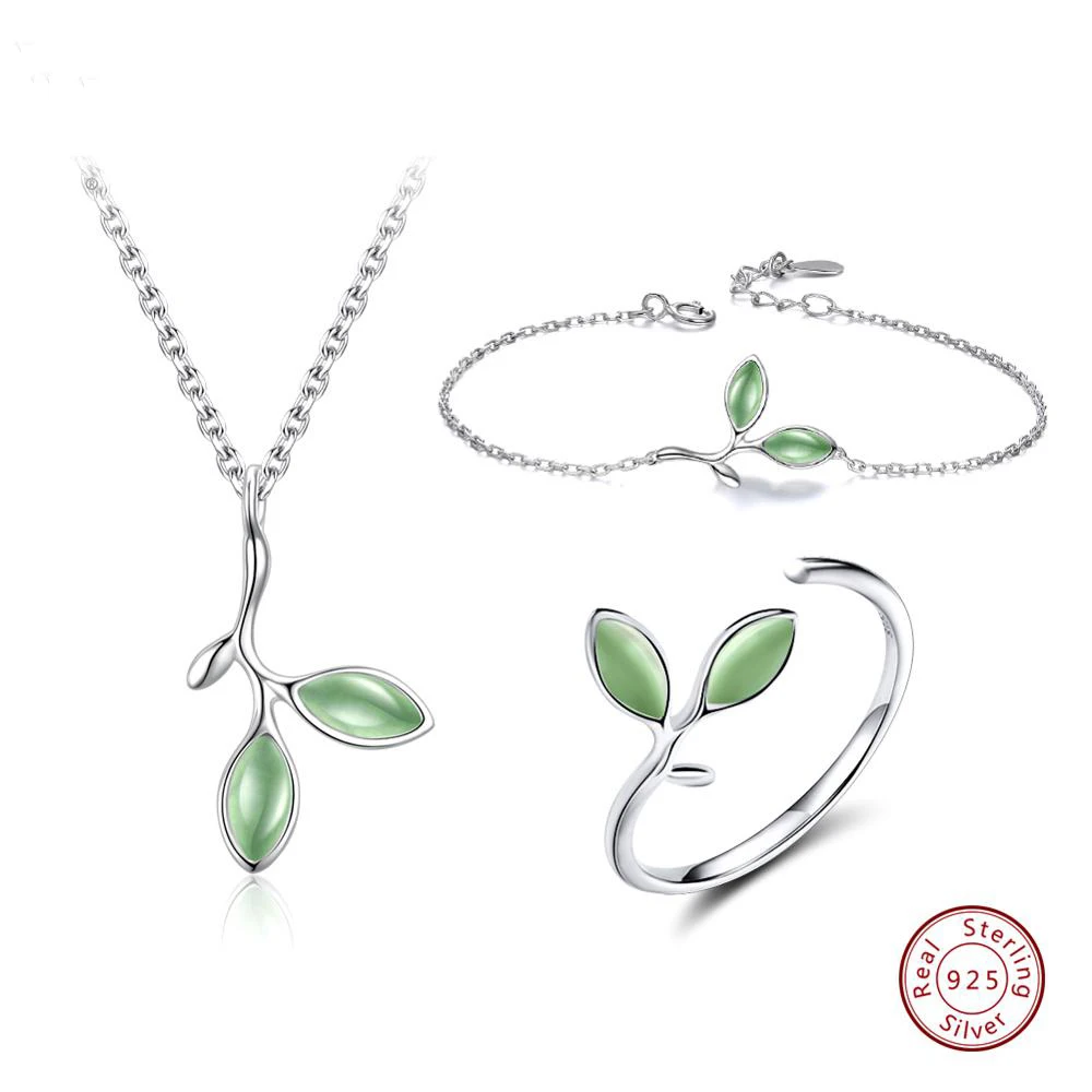 NecklaceBraceletRing Effie queen 925 пробы Серебряные Ювелирные наборы для женщин форма зеленого листа кошачий глаз камень ожерелье/серьги/Кольцо/браслет TSS21 - Цвет камня: NecklaceBraceletRing