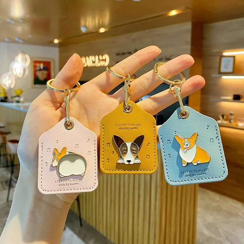 Creative Leather Alloy Corgi Access Control Card Holder Keychain Cute Dog Car Keyring men women Bag pendant key chains | Украшения и