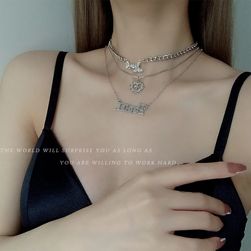 

Butterfly Love Multi-layer Combination Necklace Female Korean Style Temperament Fashion Letter Clavicle Chain Necklace Jewelry