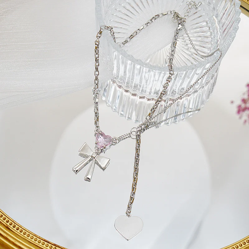 

LOVOACC Sweet Shiny Pink Crystal Pendant Necklaces for Women Femme Silver Color Chunky Chain Bowknot Choker Necklace Accessories