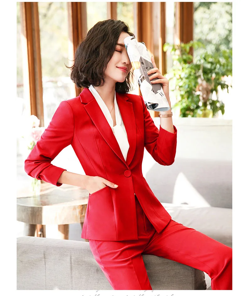 IZICFLY New Spring Autumn Red Formal Trouser With Blazer Set Uniform Designs For Women Office Elegant Business Pant Suits
