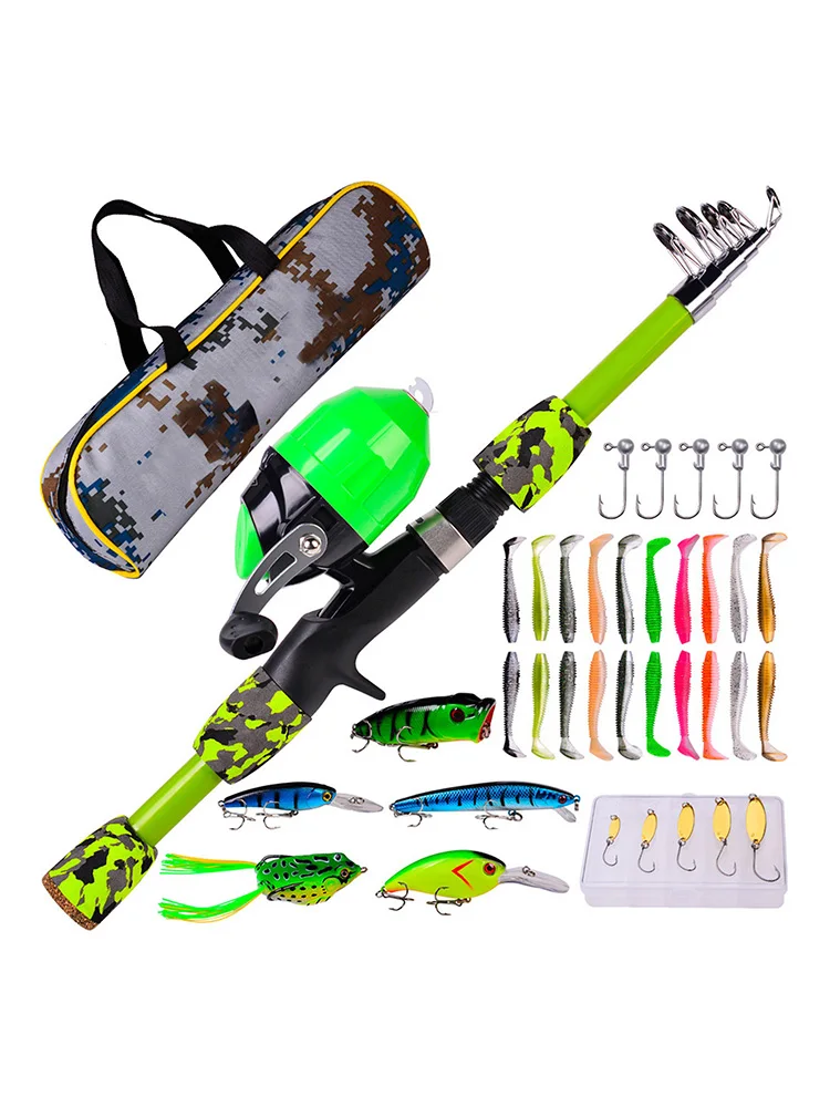 

Kids Fishing Pole Set Full Kits With Telescopic Fishing Rod And Spinning Reel Baits Hooks Saltwater Freshwater Travel Pole Set