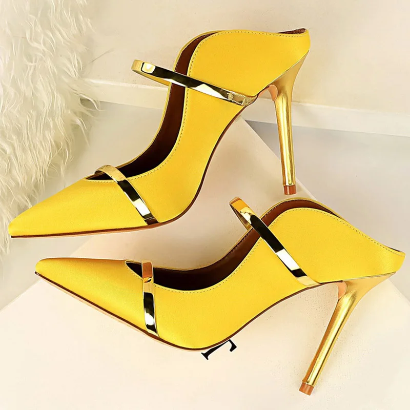 2022 Women Fetish 10cm High Heels Slides Female Sexy Summer Mules Satin Slippers Lady Slip On Yellow Sandals Silk Strange Shoes
