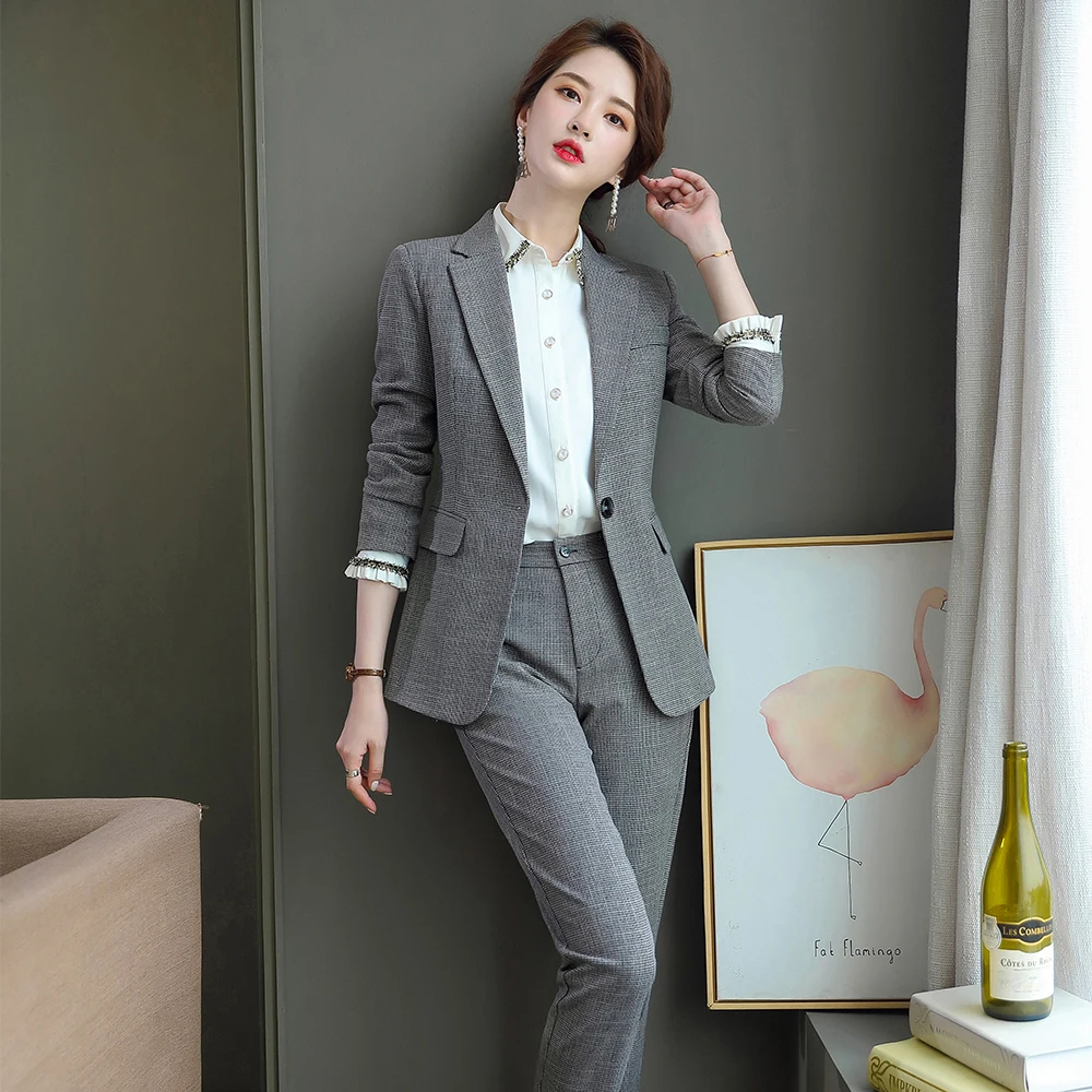 Деловой брючный костюм для женщин зелено серый классический блейзер офиса и