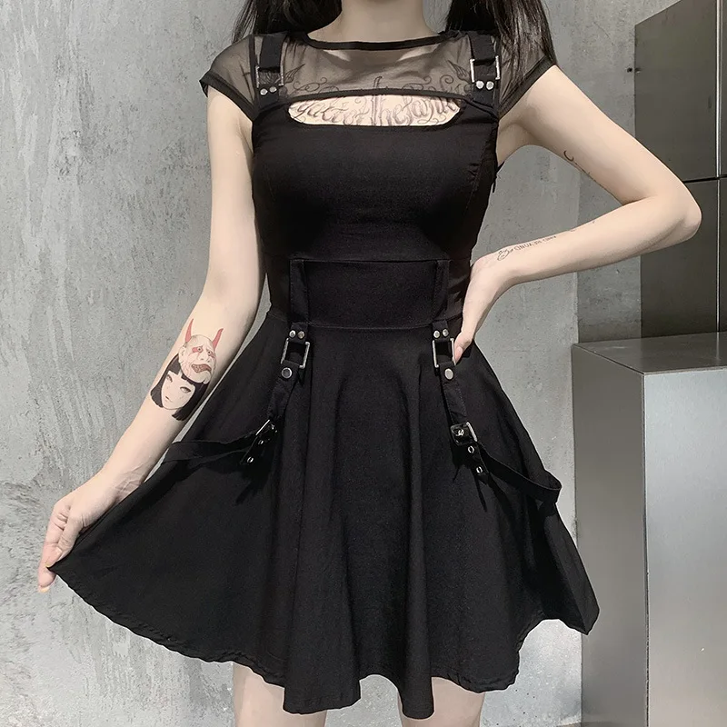 

Goth Punk Style See Through Shoulder Black Dress For Women Gauze Sexy Dresses Gothic Mini Dress Bodycon Slim A-line Halloween