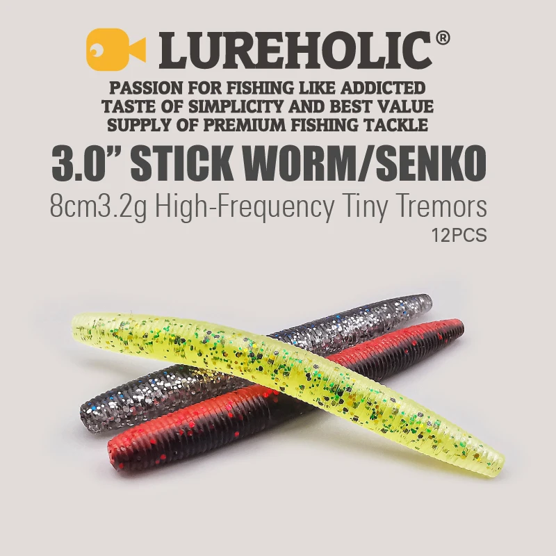 LUREHOLIC 3.0” Stick Worm Senko 12PCS 8cm 3.2g High-Frequency Tiny Tremors Wacky Drop Shot Soft Lure Bait
