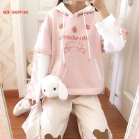 japanese sweatshirt harajuku kawaii hoodie winter women sweet strawberry thicken hooded lolita fleece warm cute pink pullover
