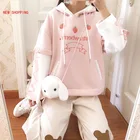 Японская Толстовка Harajuku Kawaii, Зимняя женская толстовка с капюшоном в виде клубники, флисовый теплый милый розовый пуловер
