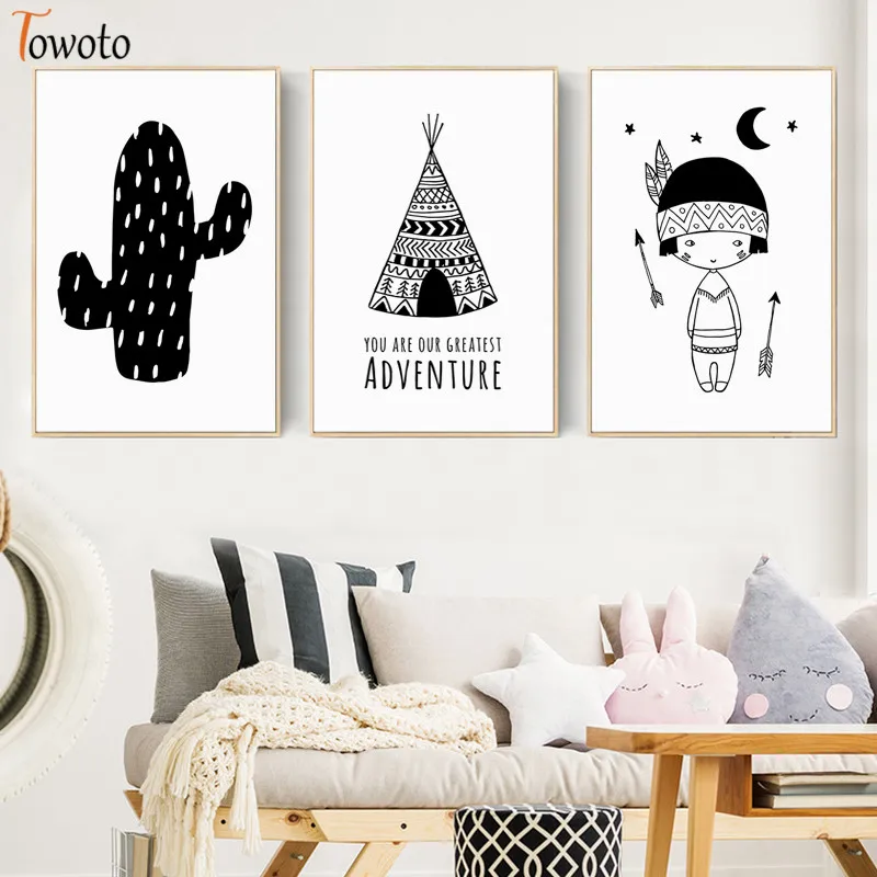 Cartoon Canvas Painting Cactus Poster Nursery Art Prints Monochrome Wall Kids Room Decorative Pictures Tribal Decor | Дом и сад