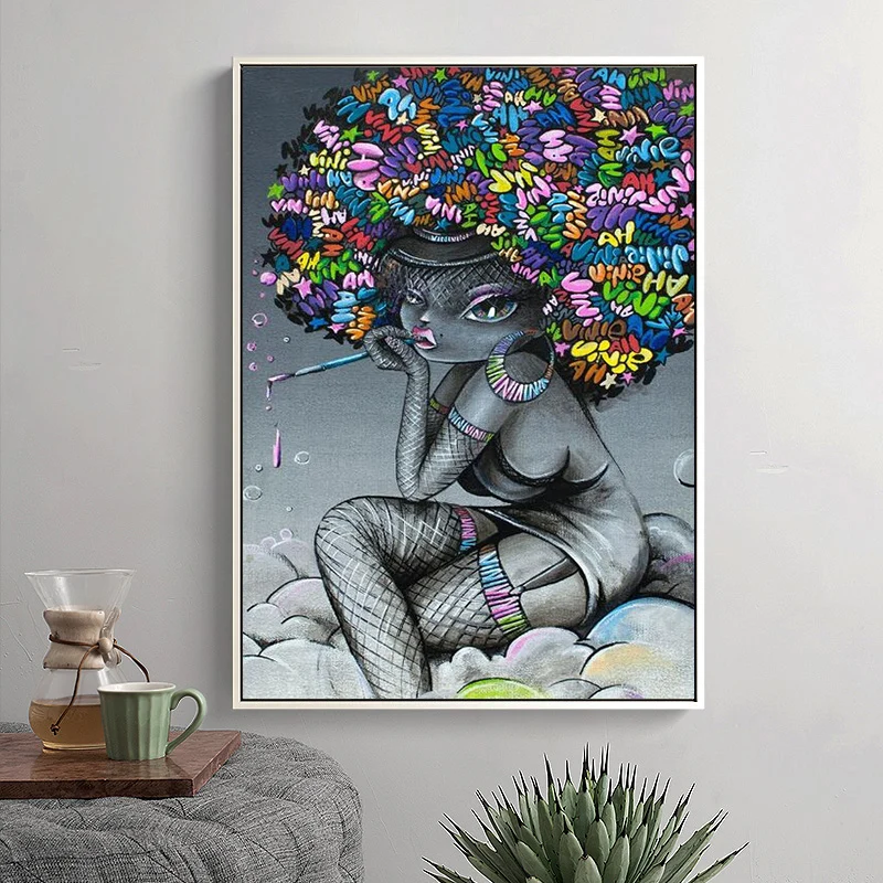 Современная уличная Художественная печать на холсте черная девушка граффити