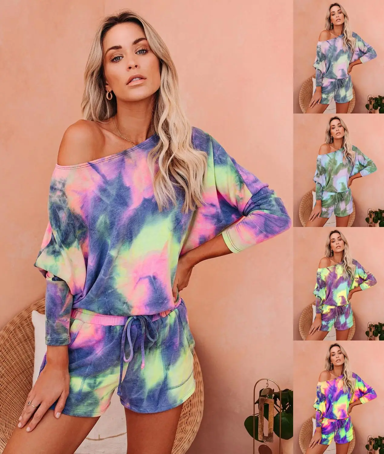 

5 Color Tie Dye Art Print Two Piece Set Hot Sale Spring Streetwear Women Slash Neck Off The Shoulder Tees And Drawstring Shorts