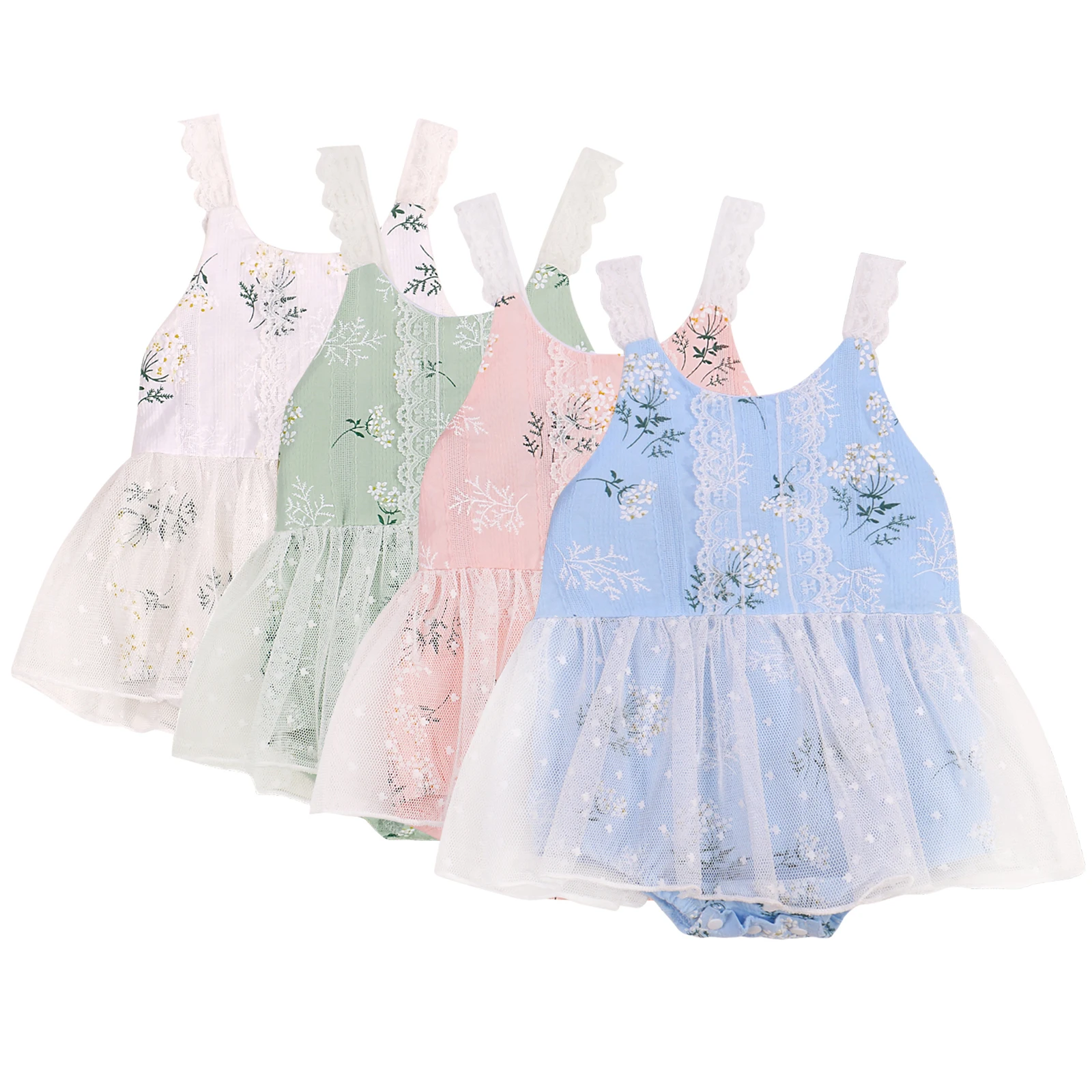 

Newborn Baby Girls Summer Mesh Rompers Baby Girls Sleeveless Plant Pattern U-shaped Neck Lace Trim Playsuit Children's Clothing