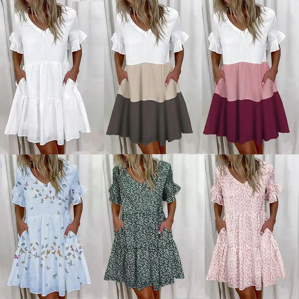 

2021 New Ladies Dress Fashion Print Ruffled Pockets Short Summer Casual Casual Comfortable Dress Vintage Stretch Party Dres F5u4