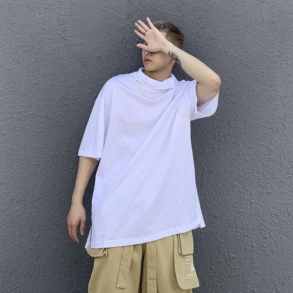 

UNCLEDONJM Oversized t shirt short sleeve Turtleneck tshirts 2021 Summer streetwear harajuku solid white tee men clothing UT2102