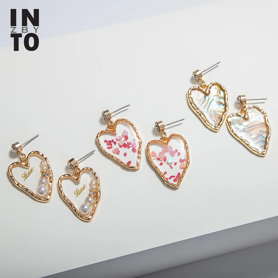 Женские серьги подвески с кристаллами в виде сердца зеленую раковину жемчужные