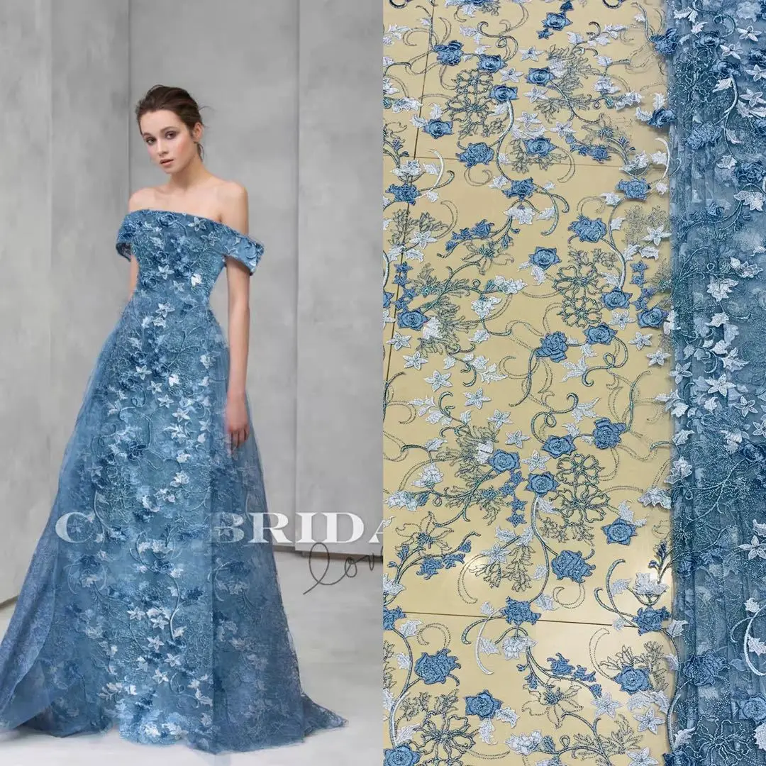 

Designer's new blue mesh flower embroidery lace cloth dress cheongsam skirt custom DIY embroidery fabric