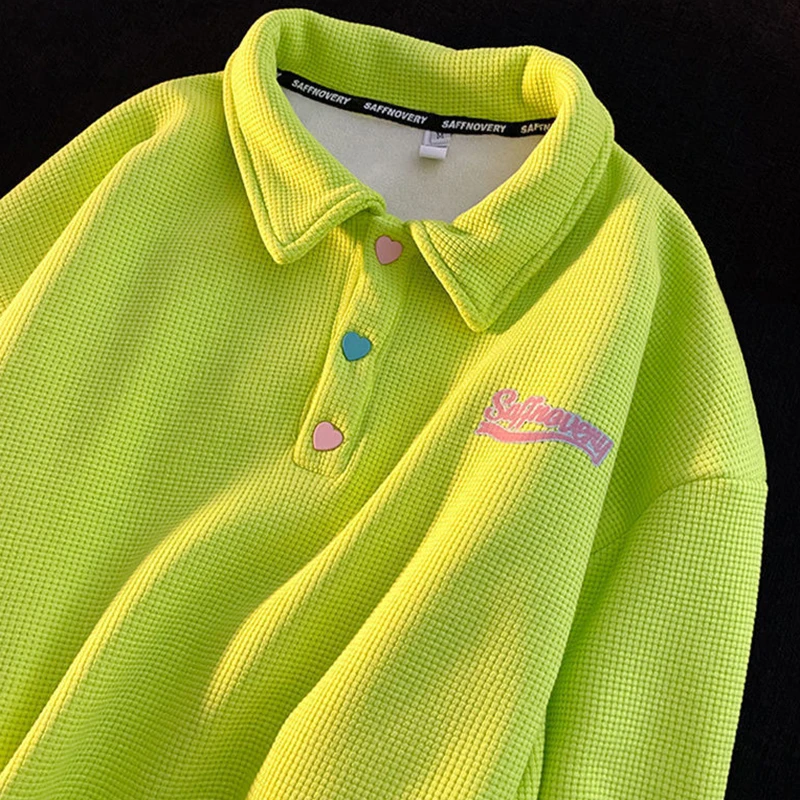 

Harajuku Sweatshirts Waffle Polo Collar Warme Gothic Streetwear Punk Y2K Letter Print Casual Green Loose Autumn Winter Clothes