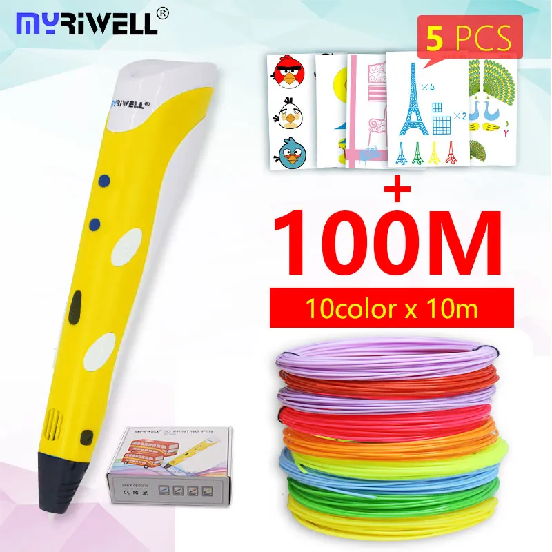 Myriwell, 3D Ручка, 3d ручка, RP-100A, pla, 1,75 мм, abs нить, 3d печать, ручка, 3 d ручка, инструмент для рисования, для детей, подарок на день рождения - Цвет: yellow and abs100