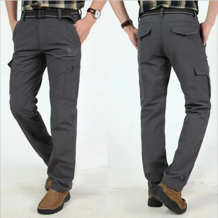 Мужские флисовые брюки-карго темно-синие утепленные Непродуваемые брюки с